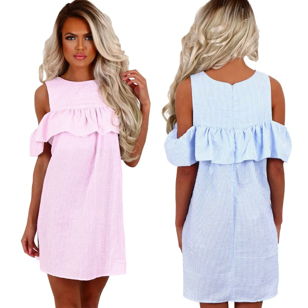 Женское Полосатое платье с открытыми плечами и оборками голубое/розовое в