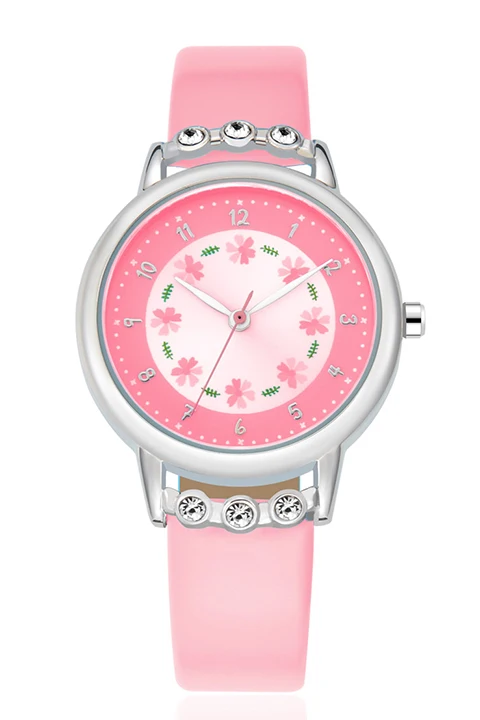 pink watch Kezzi, детские часы для девочек, стразы, цветы, кожаный ремешок, наручные часы для студентов, Мультяшные кварцевые часы, montre enfant - Цвет: pink watch