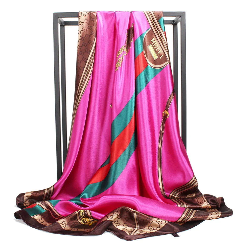 Летний шелковый шарф женский с принтом, квадратный головной платок из атласа для дам, роскошный брендовый шаль 90*90, большая мусульманская хиджаб.