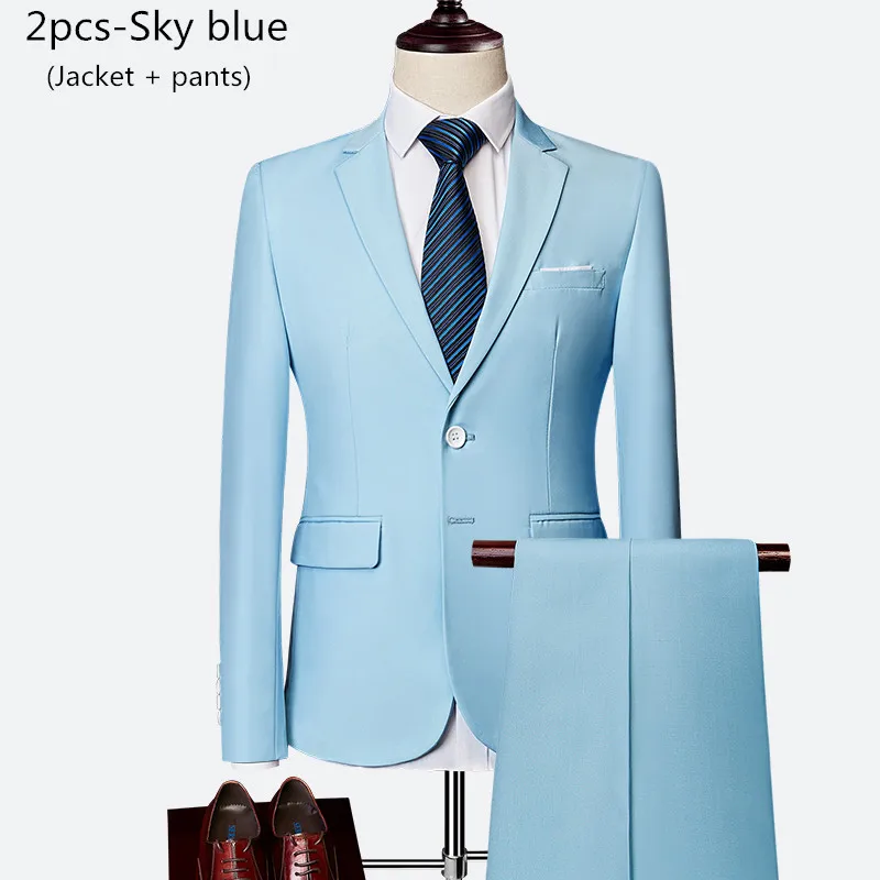 2pcs-Sky blue Деловой мужской костюм, костюм из 3 предметов, Мужской Блейзер+ жилет+ брюки, Свадебный костюм жениха на заказ, большие размеры, M-6XL, высококачественные костюмы - Цвет: 2pcs-Sky blue