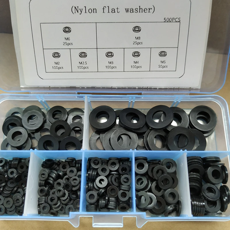 

500pcs/box nylon washer kits M2 M2.5 M3 M4 M5 M6 M8 Nylon Flat Washer Plain Gasket Ring washers sets mix kit