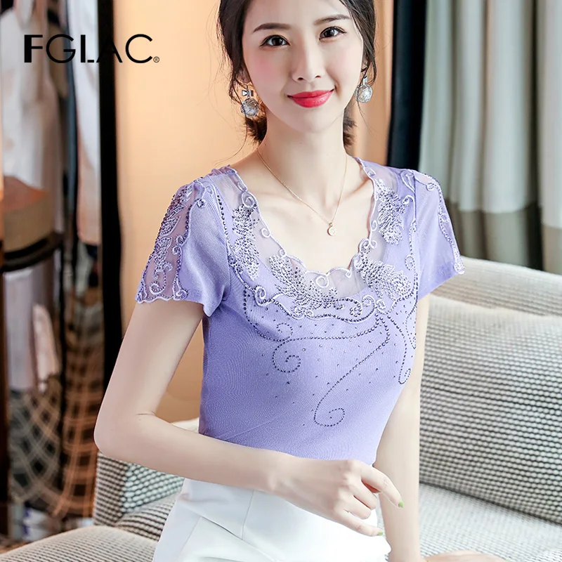 Модная Повседневная Сетчатая футболка с коротким рукавом женские элегантные