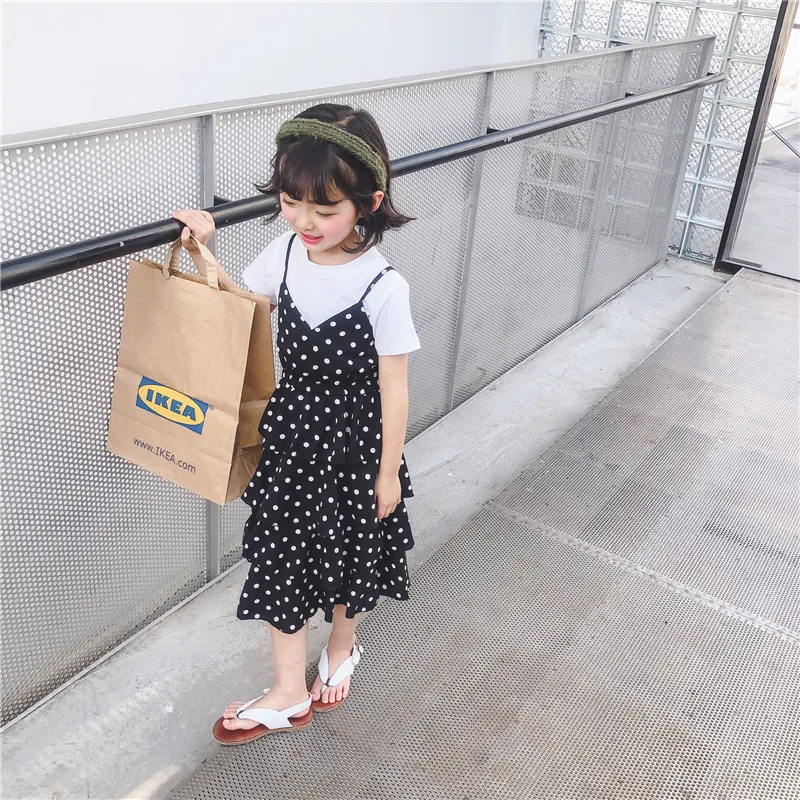 2019 Summer New Arrival korean style cotton all-match short sleeve t-shirt with suspender dot pattern dress for cute baby girls | Детская