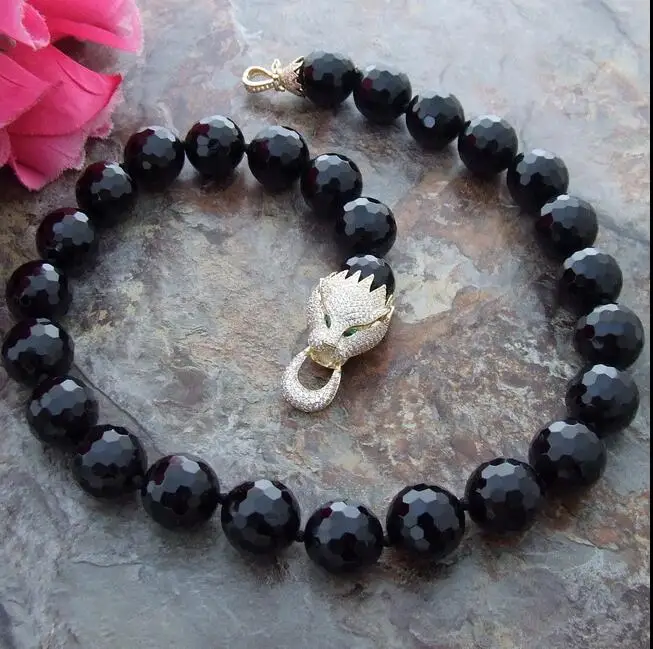 

beautiful 18MM natural Faceted black bead 19" Necklace CZ Clasp