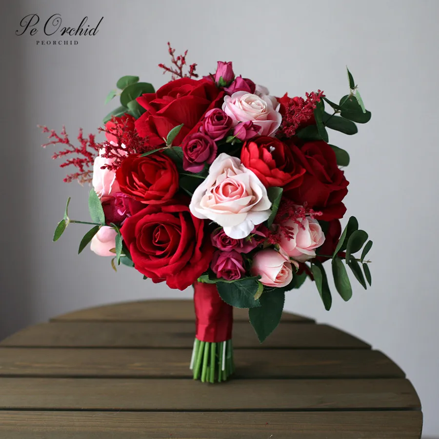 PEORCHID красный свадебный букет роз цветы Винтаж Trouwboeket Искусственный Розовый Шелковый Свадебный букет невесты Рамо дама честь