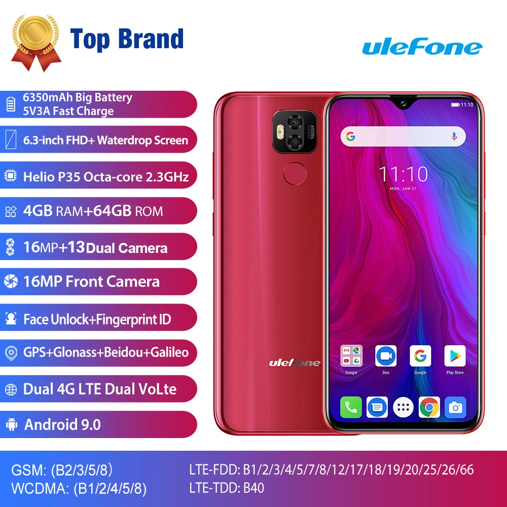Ulefone power 6 5800mAh Android 9,0 Helio P35 Восьмиядерный мобильный телефон 4 ГБ ОЗУ 64 Гб ПЗУ 6,3 ''разблокировка лица OTG NFC 4G смартфон
