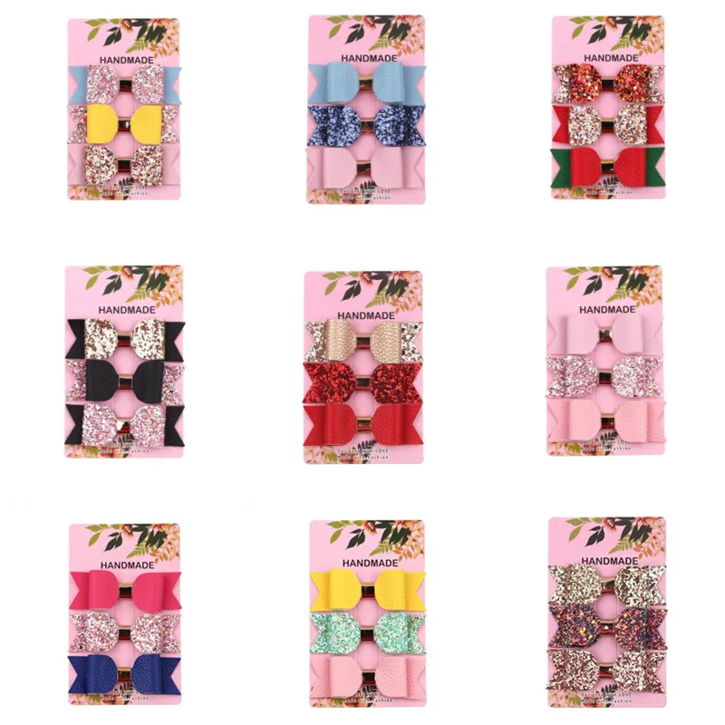 5 компл./лот модные заколки для волос из искусственной кожи с блестками и бантом