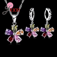 5 color petal 925 sterling silver pendant necklace earrings ear sets wedding bridal cubic zirconia crystal jewelry sets