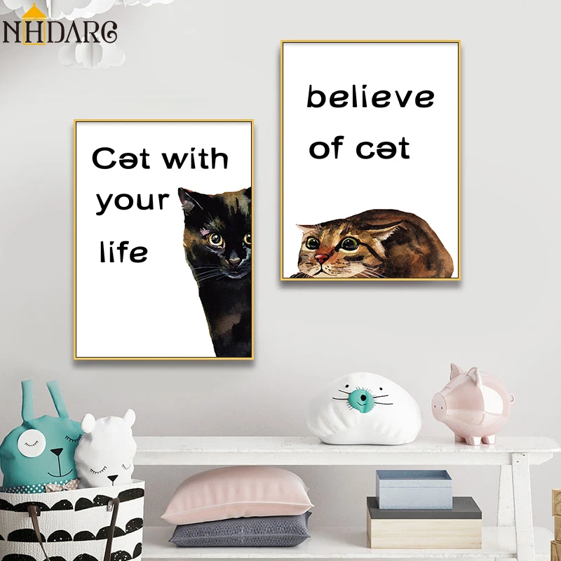 Nordic Lovely Animal Cat Believe of with your life Quote Posters and Prints Canvas Painting Wall Picture Art Home Decor | Дом и сад