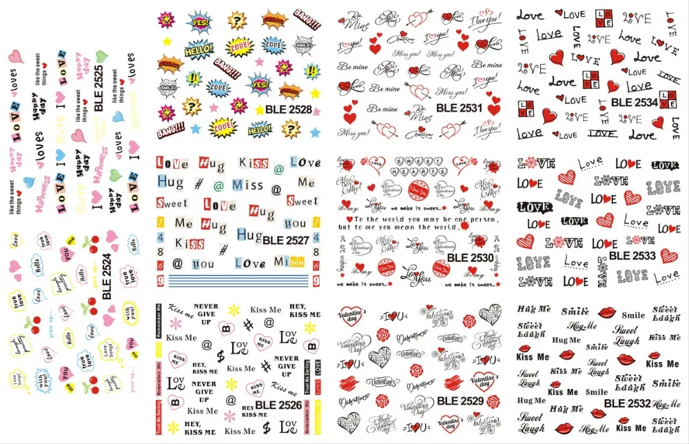 11 упак./лот переводка NAIL ART наклейки на ногти любовник Поцелуй ко Дню Святого