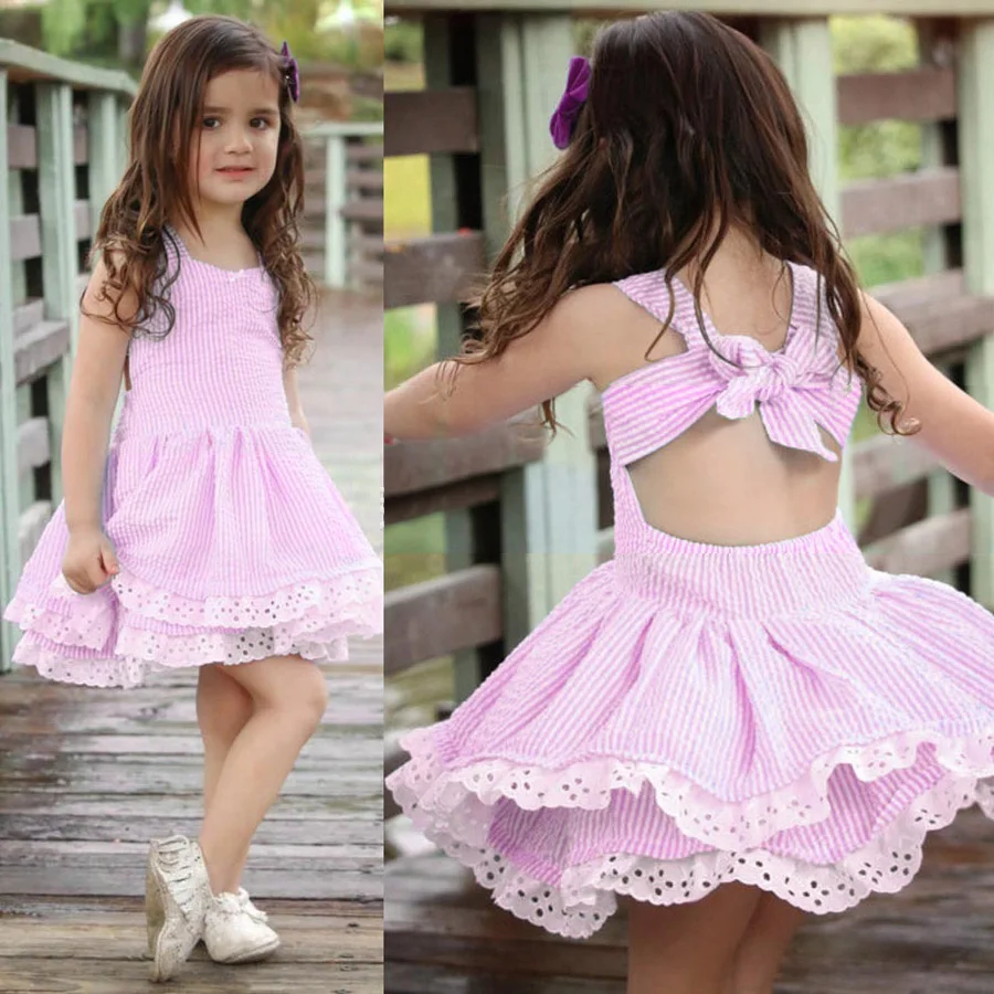 2019 New Baby Girls Dress Toddler Kids Summer Backless Clothes With Bow Blue Striped Lace Party Layered Princess Vestido | Детская