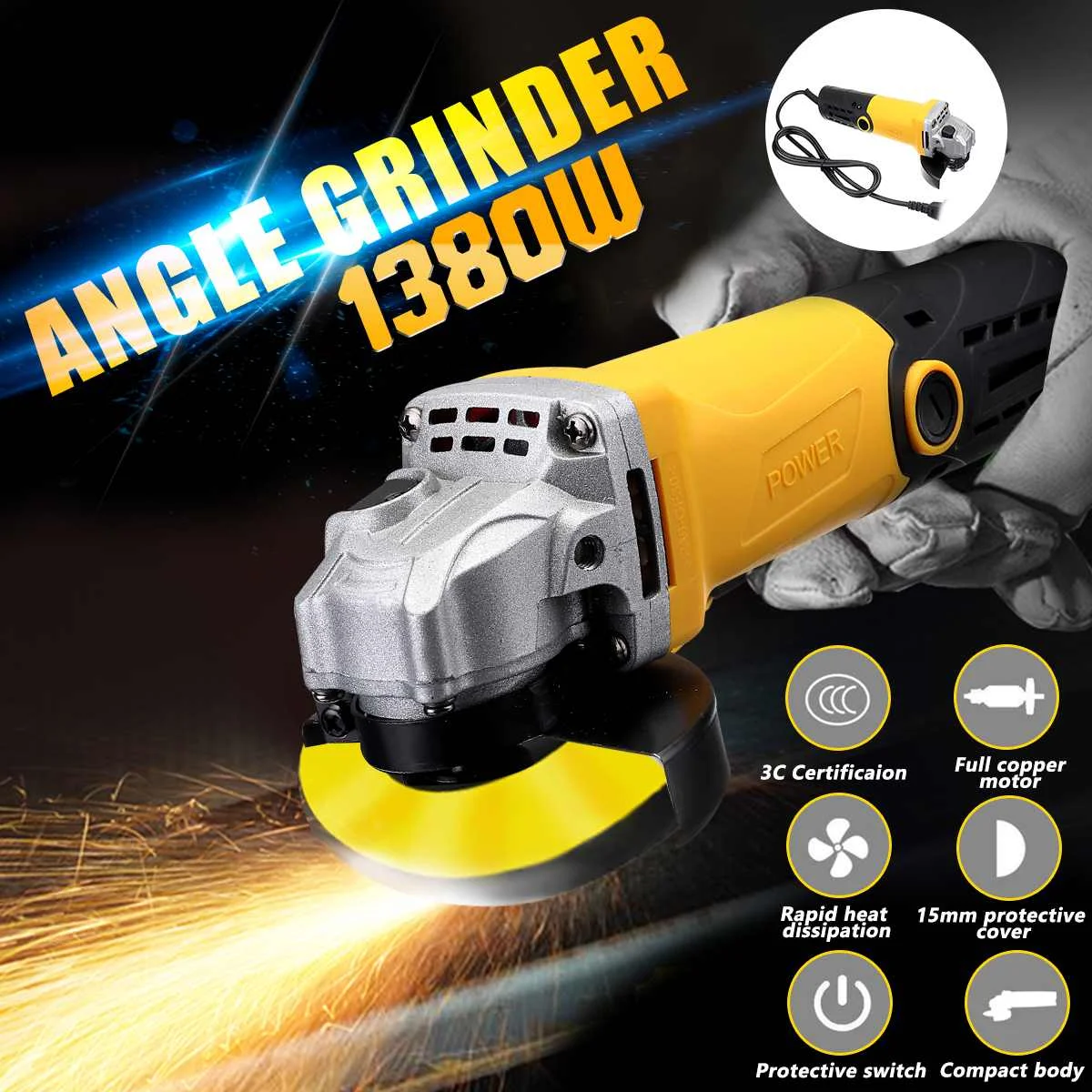 Metal Cutting Tool 220V/50Hz 1380W Electric Angle Grinder Grinding Machine 11000RPM Adjustable Anti-Slip Powerful Protect