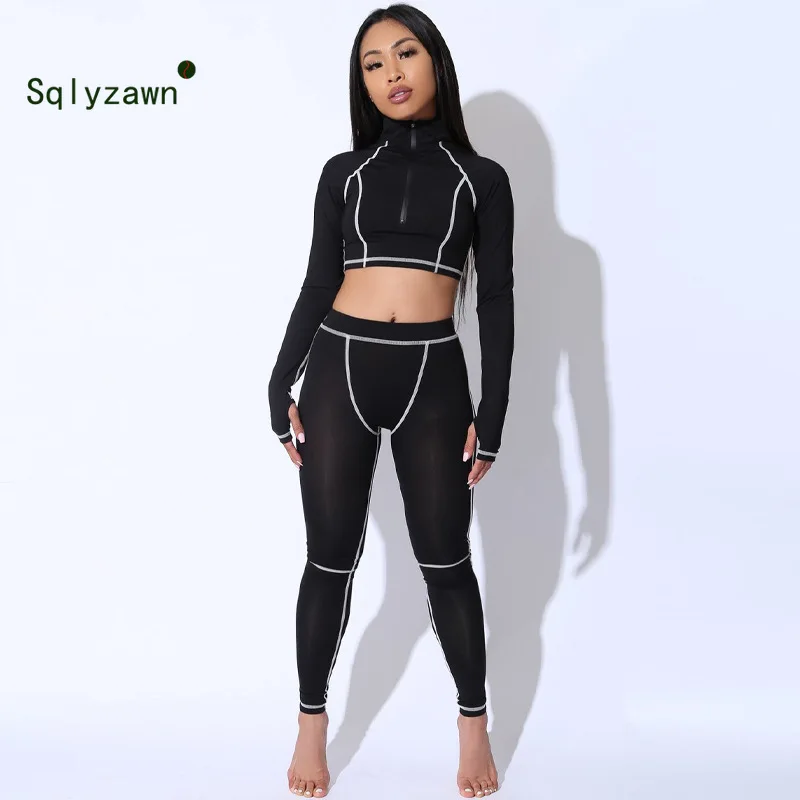 Осень 2019 спортивный костюм в полоску короткий топ с длинным рукавом и высоким