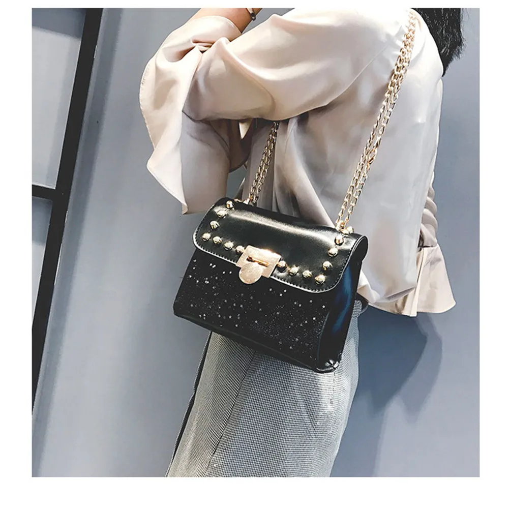 Шикарный Для женщин плечо Cross-body цепи мешок моды заклепки сумка блестка клапаном