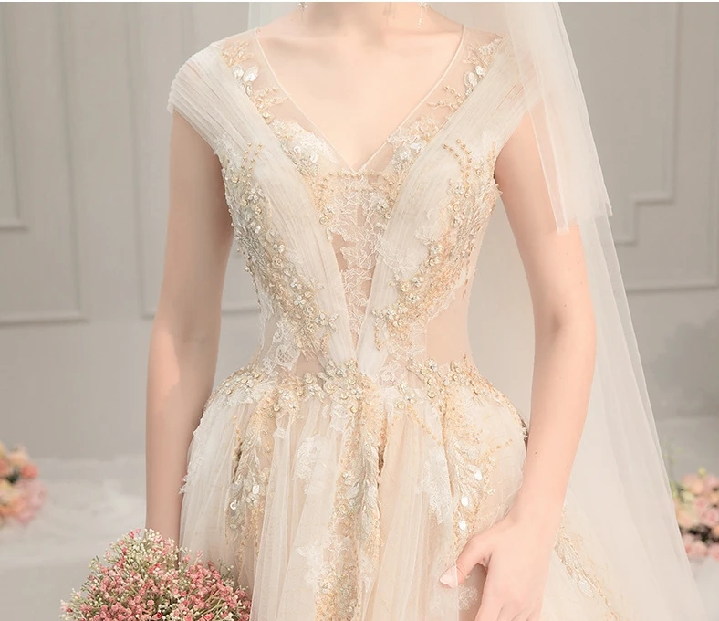 

Champagne Wedding Dress 2020 Open Back Bridal Dress Lace Wedding Dresses Romantic Vestido de noiva Wedding Gowns Princess