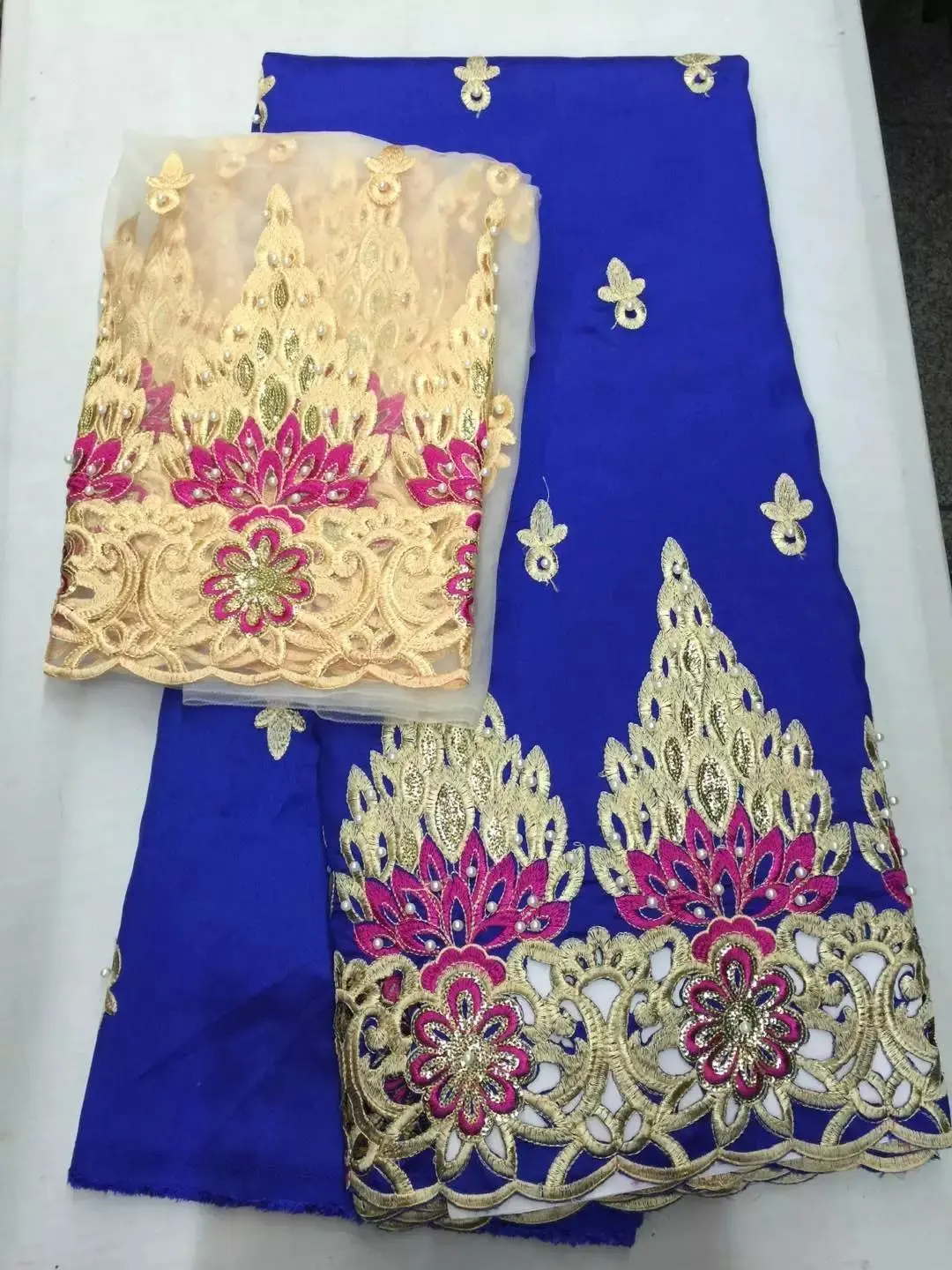 

5yards African George Fabric +2yards French Net Lace Sets High Quality Afican George Lace Fabric With Bead Fabric For Wedding