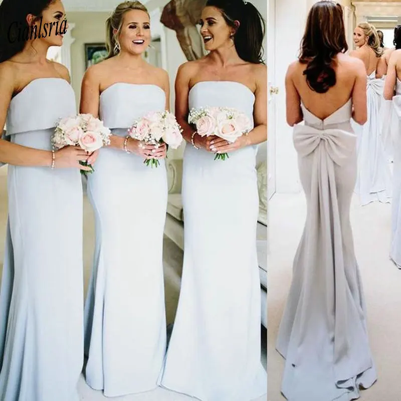 

Simple Strapless Long Mermaid Bridesmaid Dresses Sleeveless Back With Bow Wedding Guest Dress For Wedding Party vestido madrinha