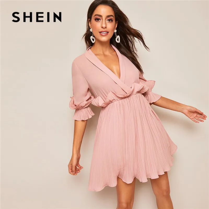 SHEIN Платье На Запах С Глубоким Вырезом И Оборками Сексуальное Платье С Рюшами С Средним Рукавом Женские Летние Платья С Высокой Талией