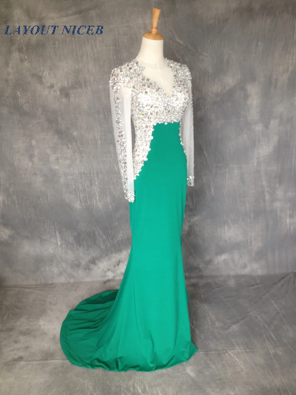 Зеленый vestido de formatura 2015 бриллиантовое выпускное платья с длинным рукавом со