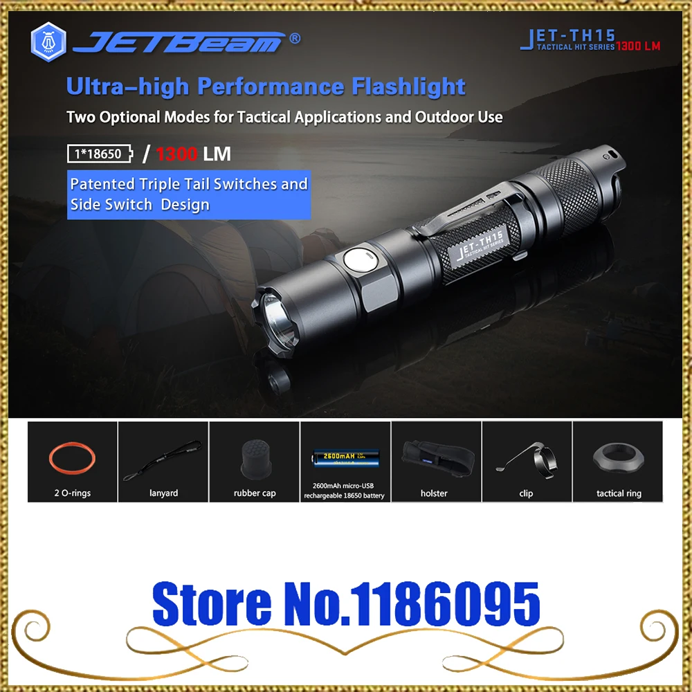 

Newest Original JETBeam TH15 Tactical Flashlight CREE XHP35 E2 1300LM Lumen with micro-usb rechargeable 18650 2600mah battery