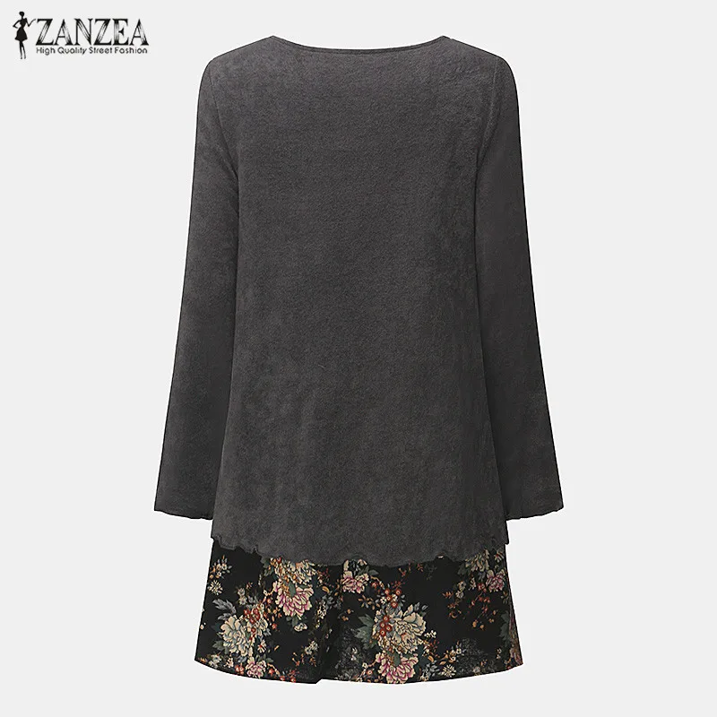 

ZANZEA 2021 Autumn Winter Women Vintage Floral Print Dress Female Casual Loose Long Sleeve Pockets Mini Vestidos Plus Size 4XL