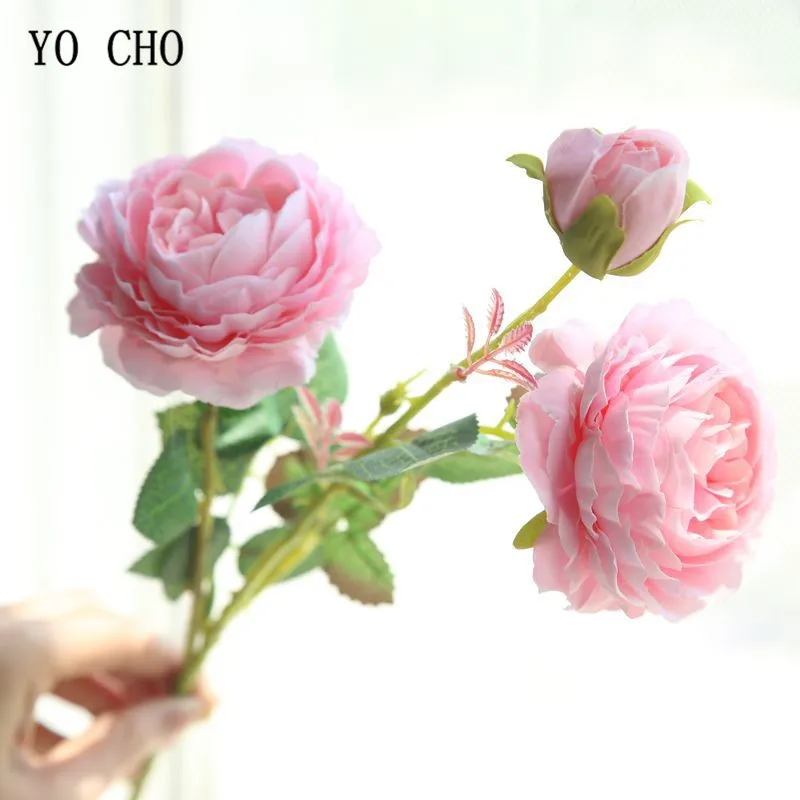 

YO CHO Rose Artificial Flowers 3 Heads Pink White Peonies Silk Flower Wedding Garden Decoration Fake Flower Bouquet Peony Color