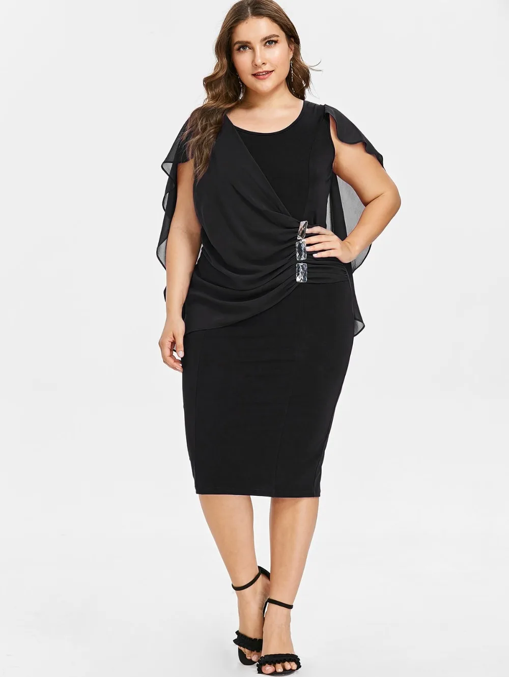 Плюс Размеры Украшенные стразами Capelet Dress цвет красного вина шифон оболочка Bodycon