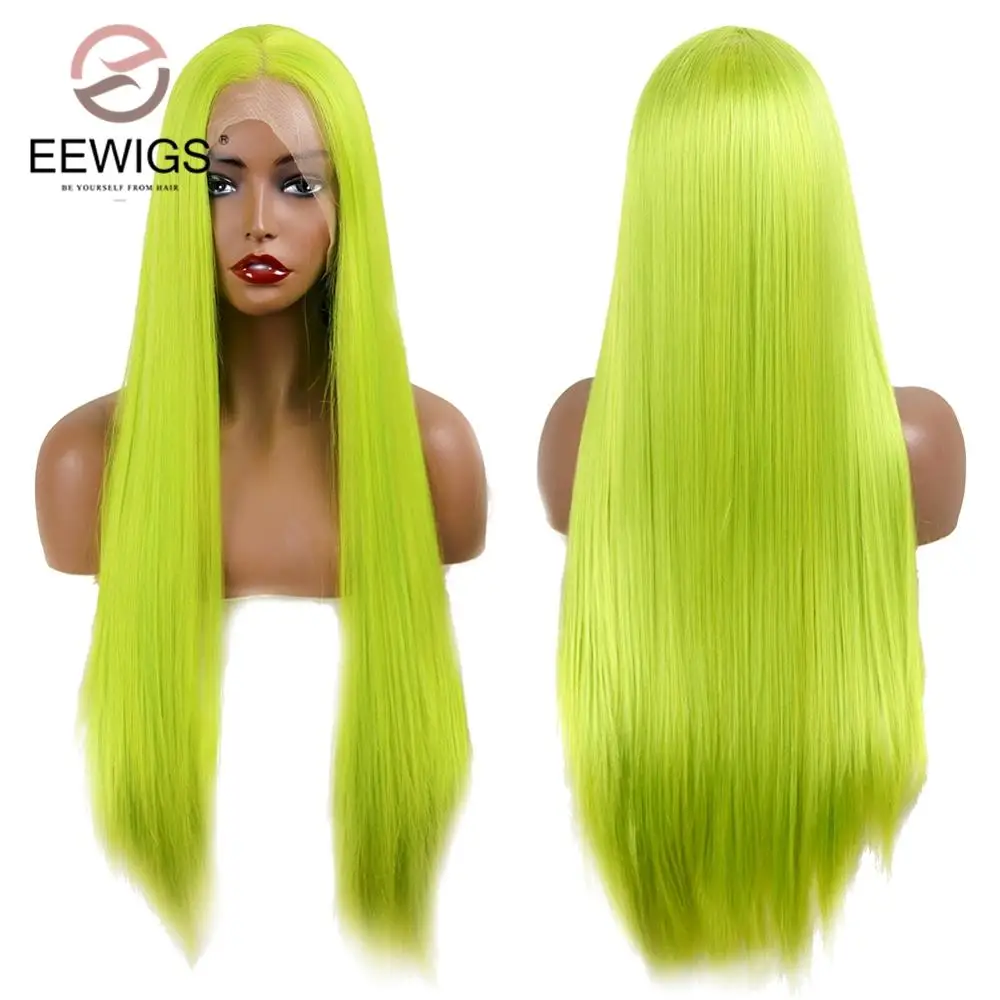 EEWIGS 2" длинные прямые волосы парики Glueless высокая температура неоновый зеленый синтетические парики на кружеве для черных женщин Drag queen