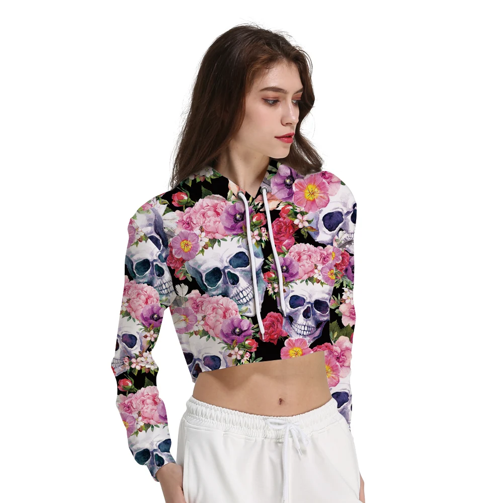 

New Women Harajuku Sexy Crop Tops Long Sleeve Pink Flower Skull Big Size Casual Workout Hoodies