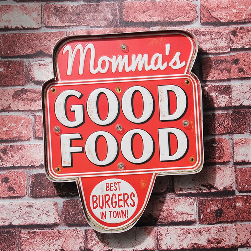 

Momma's Good Food LED Metal Sign Best Burgers Vintage Home Decor Signboard For Restaurant Food Shop Kitchen Hanging Neon Signs