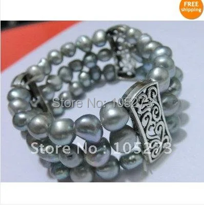 

Charming Pearl Bracelet Natural Genuine Freshwater Gray Color Baroque Shaper 3rows Elastic Bracelet New Free Shipping FN2286