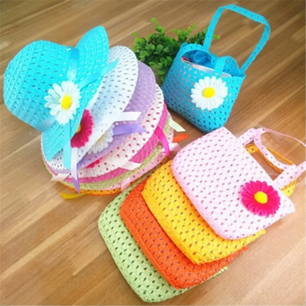 Комплект детских пляжных шляп и сумки для девочек соломенная шляпа с цветком