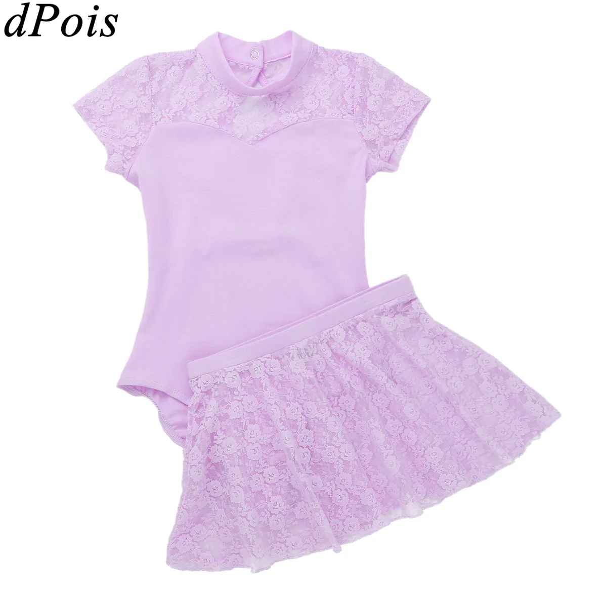 

New 2Pcs Teen Kids Ballet Dresses for Girls Short Sleeves Mock Neck Gymnastics Leotard with Lace Skirt Set Dance Tutu Dress