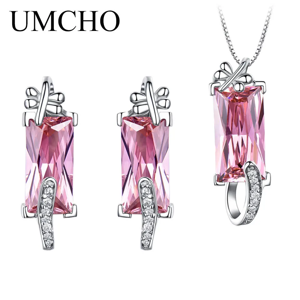 Розовый UMCHO чистый 925 пробы серебряные Ювелирные наборы розовый камень бабочка ожерелье серьги гвоздики для женщин Свадебные обручальные ювелирные изделия - Цвет камня: Розовый