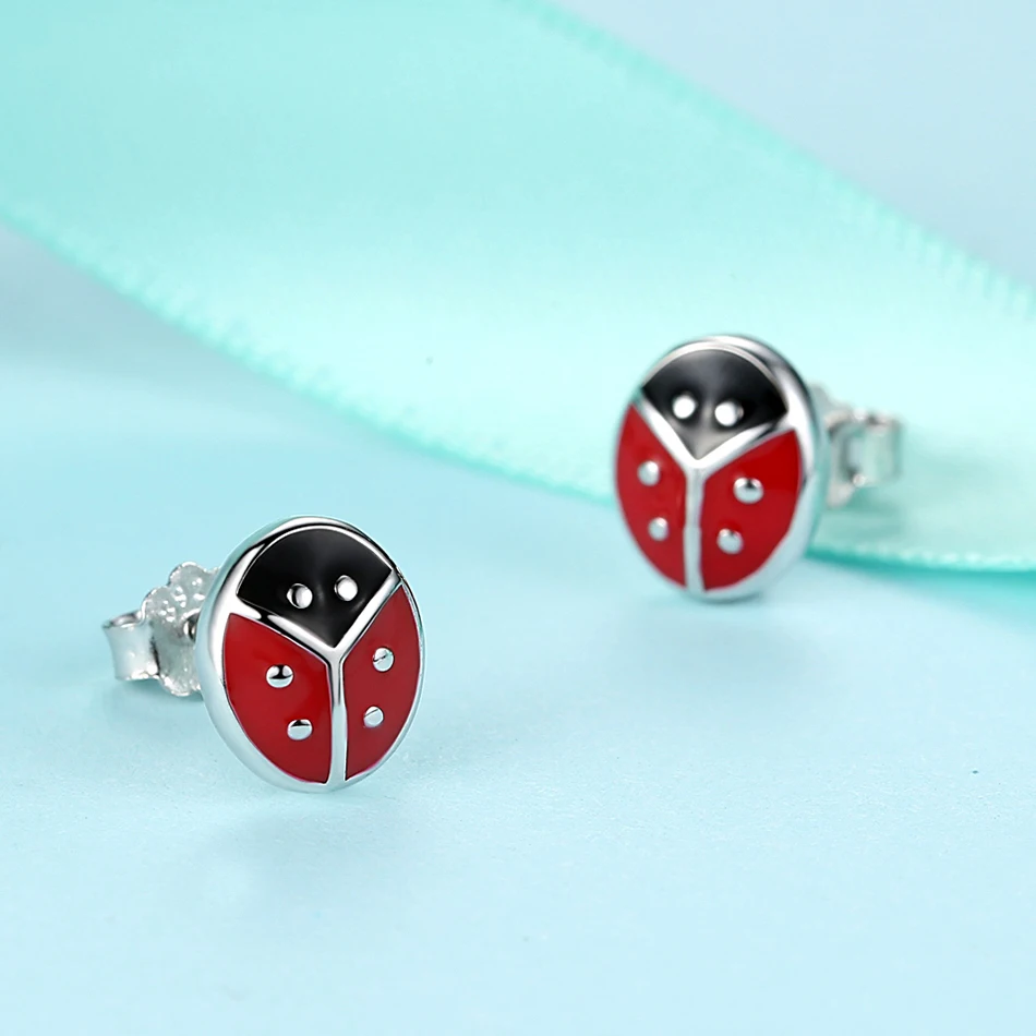 Женские серьги гвоздики с божьей коровкой из серебра 925 пробы|stud earring 925|fashion stud