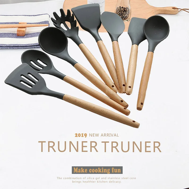 ONEUP Kitchen Utensils-Cooking Utensil 8 PiecesUtensil Set Silicone Heat-resistant With Beech Wood Spoon Nonstick Pots | Дом и сад