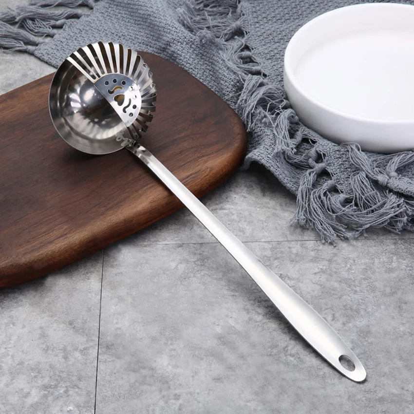 

2 In 1 Soup Spoon Long Handle Home Ladle Strainer Stainless Steel Cooking Colander Kitchen Porridge Scoop Tableware Tool