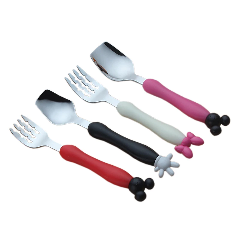 

2PCS/Set Baby Tableware Children Utensil Cartoon Mouse Shape Toddler Infant Food Feeding Spoon Fork Dinnerware Kids NBB0032