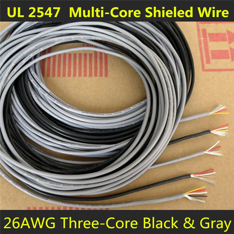 26AWG 3Cores Multicores Shielded Wires Tinned Copper Controlled Cable Headphone UL2547 Black & Gray color 1/5/20/50 Meters