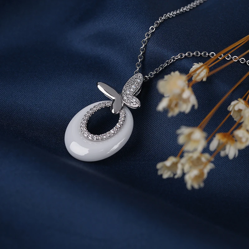 Black White Necklaces &amp Pendant Ceramic Crystal Necklace Transparent Glaze Silver Chain Butterfly Wedding Jewelry Gift | Украшения и