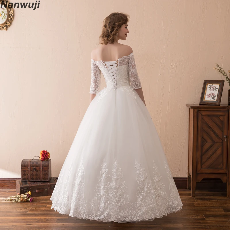 

Real Photo Vintage Lace Up Ball Wedding Dresses Half Sleeve Boat neck 2018 Customized Plus Size Bridal Wedding Gowns No Train