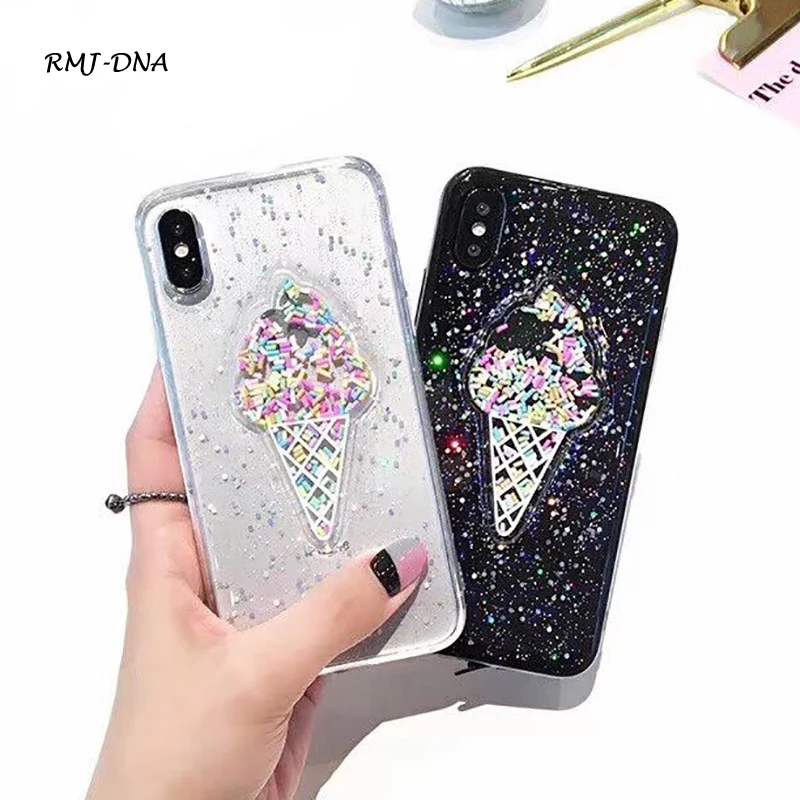 RMJ-DNA модные блестящие чехлы для телефонов с 3D мороженым iphone X Радужные Блестки ТПУ