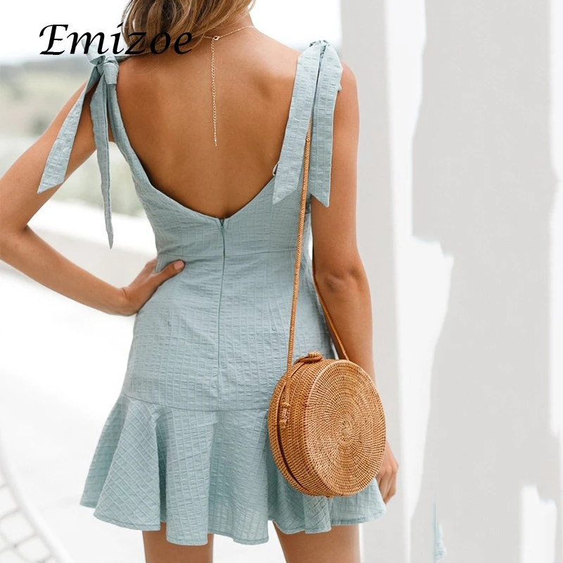 Emizoe 2018 Весна boho клетчатое платье женское облегающее гофрированное с бантом