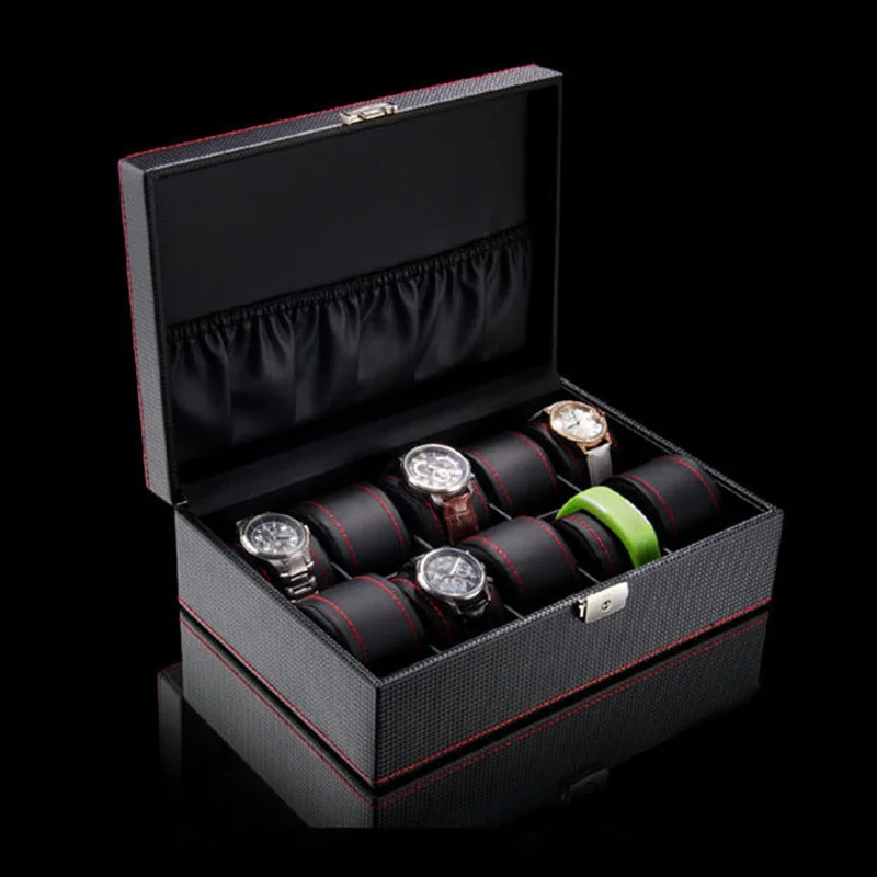 Carbon Fibre Leather Watch Box Case Black 10 Slots Watch Storage Boxes Luxury Watch Display Box Women Gift Jewelry Box Holder