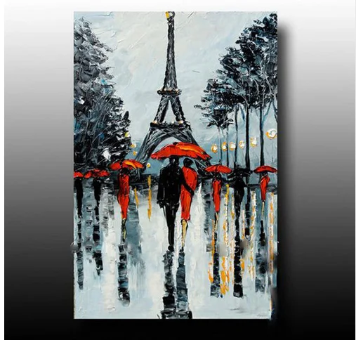 

Handmade Black and White Paris Picture Palette Knife Oil Painting Hand painted Abstract Wall Art Streetscape Couple Rainy Day