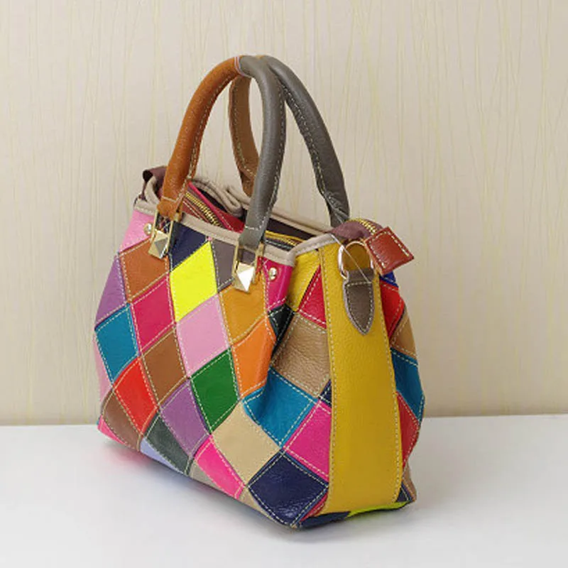 iPinee New Fashion Cow Leather Shoulder Bag Ladies Casual Handbags Elegant Style Colorful Block Plaid Design Women Bags |