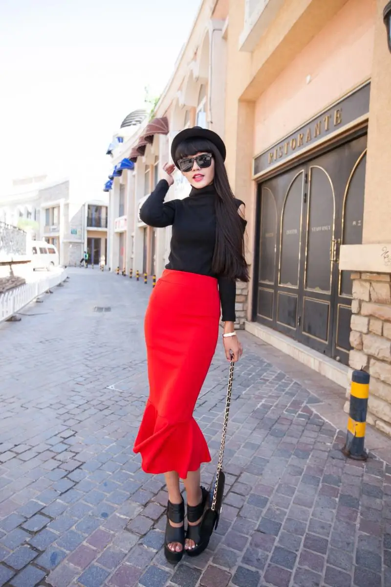 

Customize Plus Size Long Fishtail Skirt High Waist Red Pencil Skirt Saia Longa Femininas Pencil Mermaid Maxi Skirts