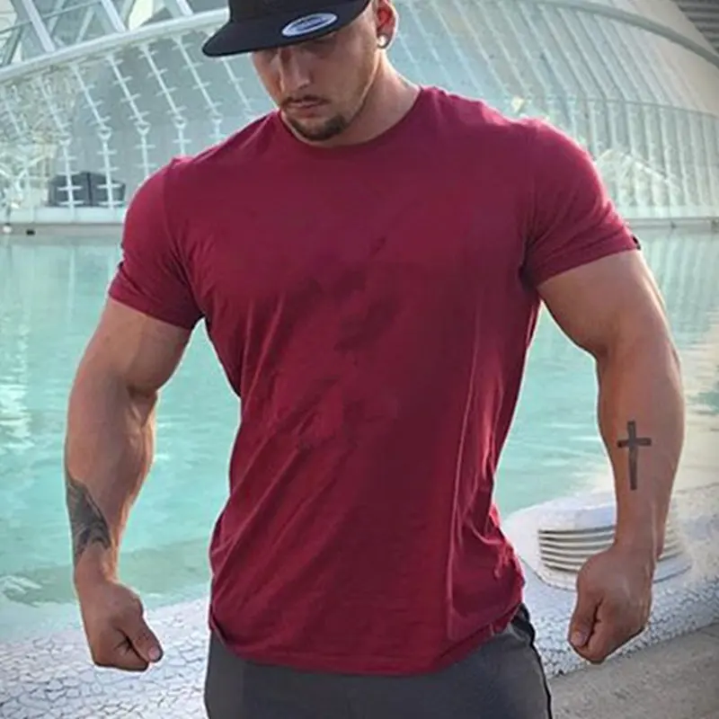 Mens Short sleeve Solid Cotton T-shirt Gyms Fitness Bodybuilding Workout t shirts Summer Casual Slim Tee Tops Crossfit apparel | Мужская