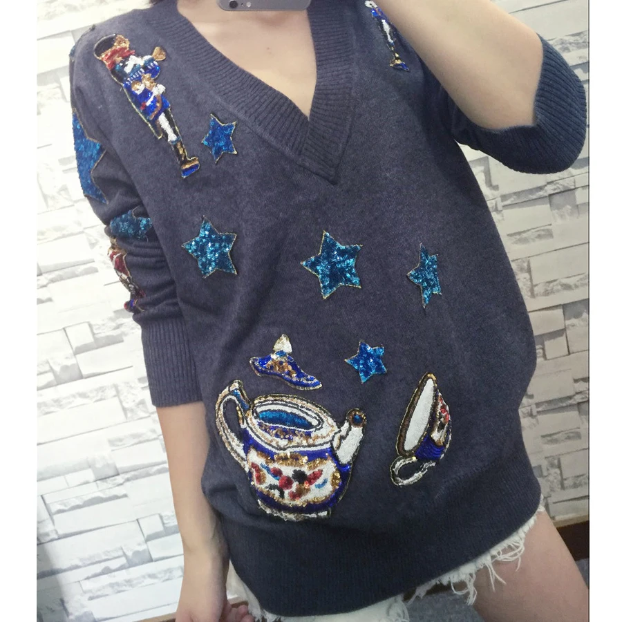 Oversized Winter Women Runway Sweater with Sequins Long Sleeve V-neck Teapot Star Sequined Wool Knit Black Gray Female Pullovers | Женская
