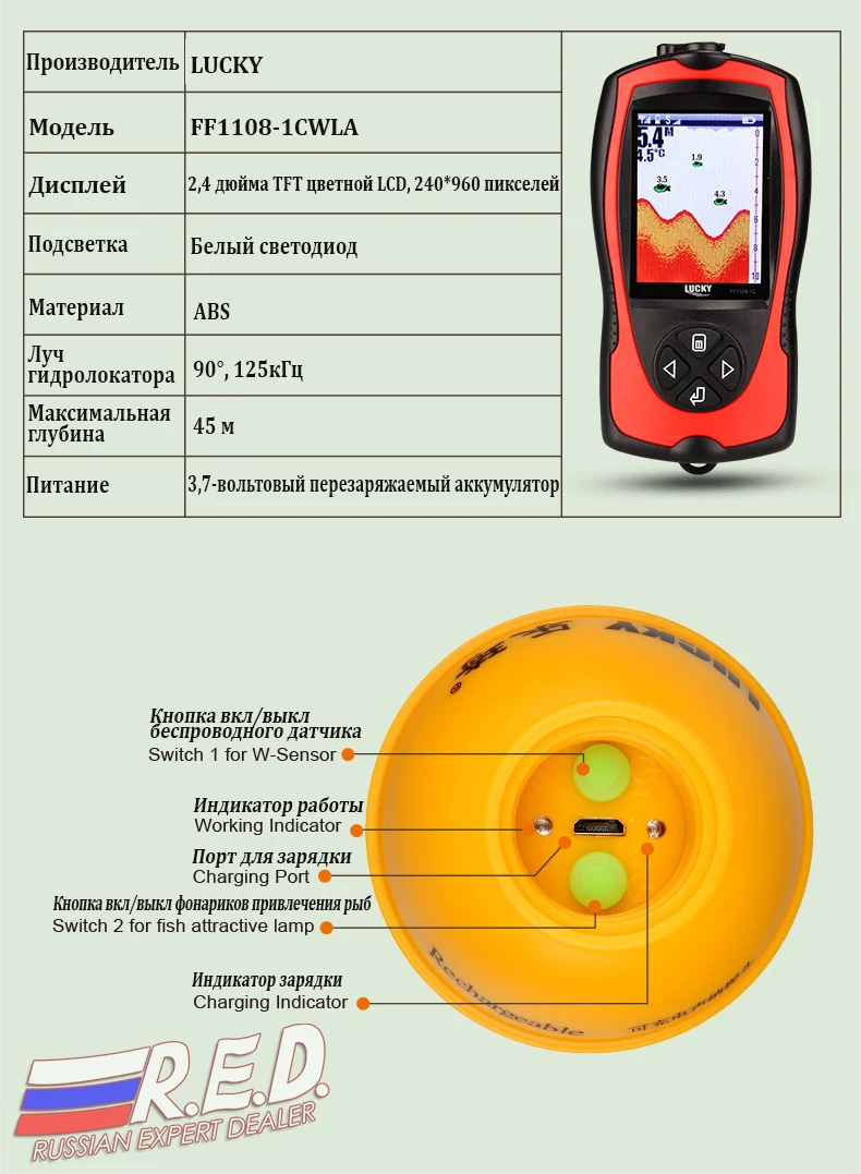 lucky FF1108-1CWLA эхолот для рыбалки на русском языке с цветным дисплеем рабочий диапазон 60 м, на аккумуляторах, отрисовка рельефа дна, по России от 2 дней курьером эхолот эхолот для рыбалки fish finder